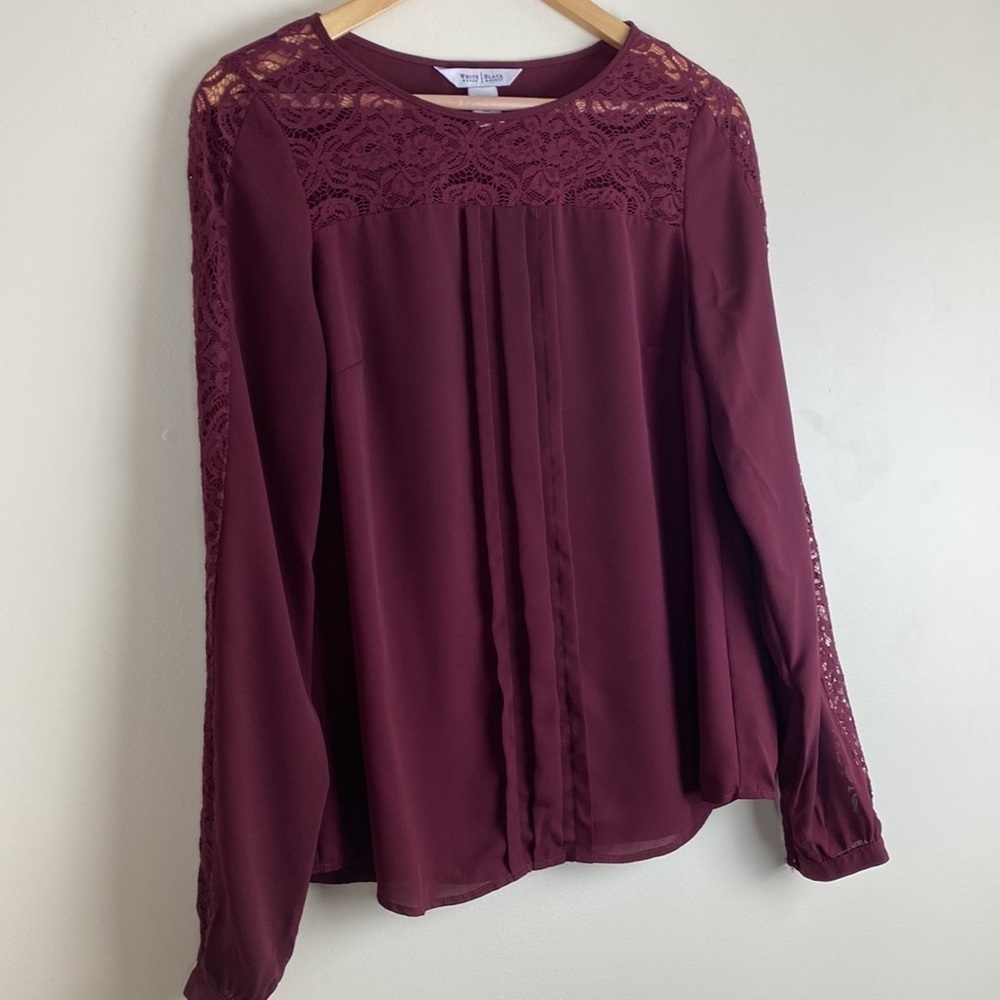 White House Black Market Woman’s Size 6 Blouse Long Sleeve Lace Neck and Arms - Picture 2 of 8